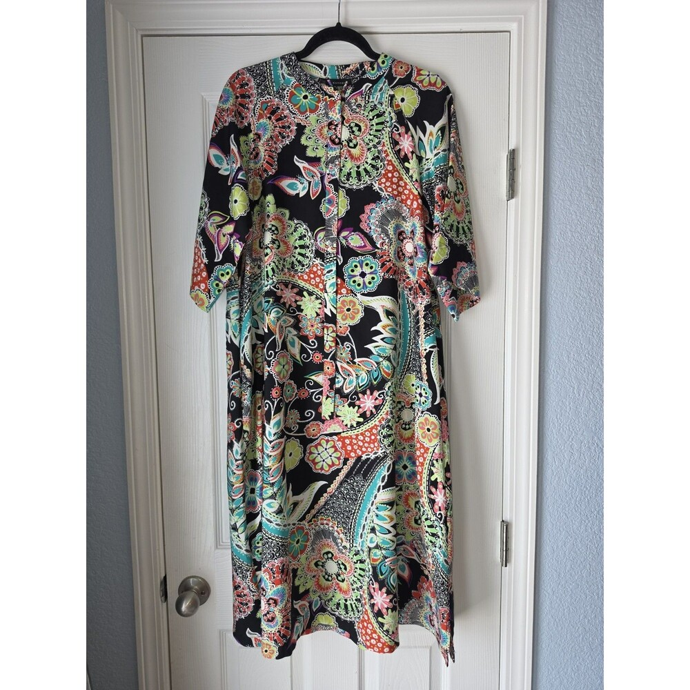 Natori Peizuri Caftan Half Zip Multi-colored Floral Paisley Print LG Loungewear